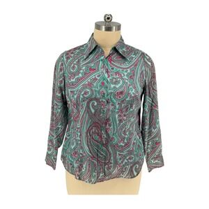 Jones New York Shirt Teal Pink Paisley 100% Cotton 1X